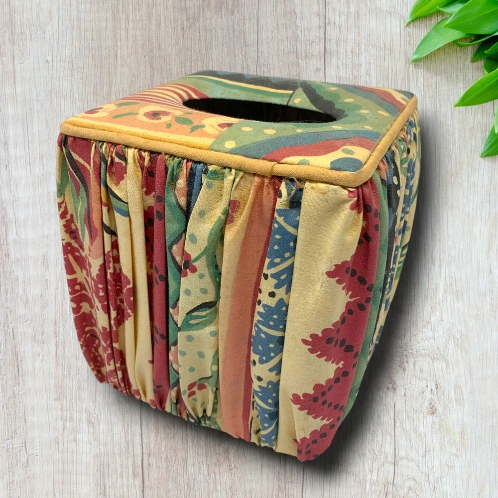Vintage 90s Touch of Class Fabric Tissue Box Cover Cottage Floral Patchwork Cube